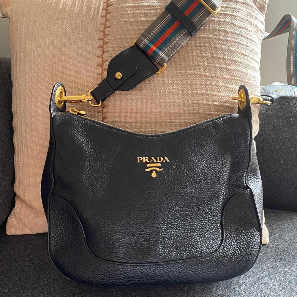 Prada Black Leather Shoulder Bag with adjustable guitar strap